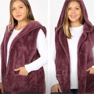 Zenana Outfitters Plush Hooded Vest in Burgundy